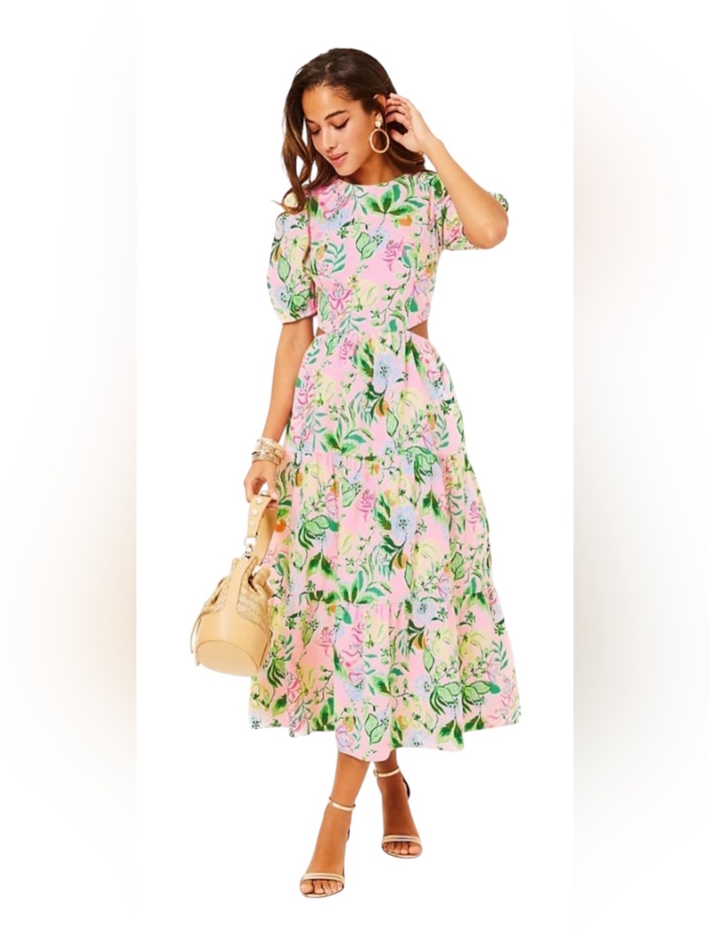 Lilly Pulitzer Lyssa Midi Dress Via Amore Spritzer Pink Floral Puff Sleeve